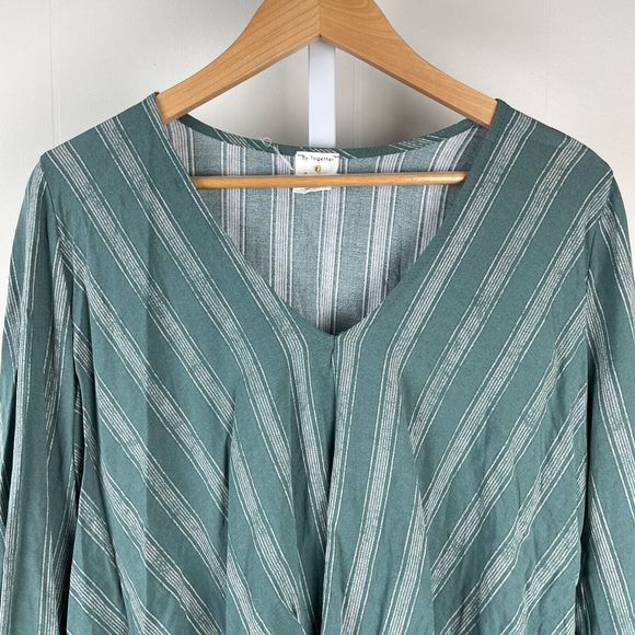 By Together Boutique Green Stripe Twist Front Top Blouse‎ Bell Sleeve Boho Small - Picture 2 of 7